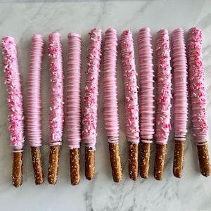 Pink Sprinkle Pretzels, Hand-Dipped Chocolate Covered Pretzels Pink, Pink Party Favors, Chocolate Pretzels, Baby Girl Baby Shower