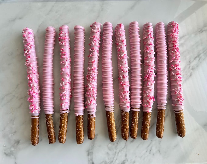 Pink Sprinkle Pretzels, Hand-Dipped Chocolate Covered Pretzels Pink, Pink Party Favors, Chocolate Pretzels, Baby Girl Baby Shower