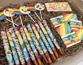 Regenbogen Pralinenschachtel-Sets, Regenbogen Pride Schokoladenbrezeln, Regenbogen Schokoladendesserts, Personalisierungspralinen