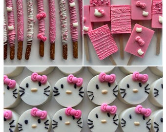 36 TREATS - Kitty Hello Chocolate Oreos, Kitty Cookies, Kitty Hello Birthday Party Favors, Kitty Party Package, Dessert Table Treats