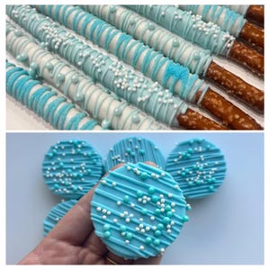 24 TREATS - Blue Chocolate Dessert Party Package, Baby Blue Baby Shower Treats, Chocolate Oreos Dessert Table Treats, Blue Oreos