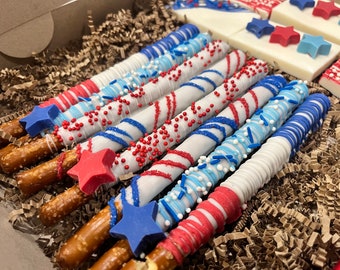 Patriotic Happy Fourth of July USA Chocolate Pretzels, Patriotic Candy Chocolates, Patriotic Chocolates, USA Chocolates