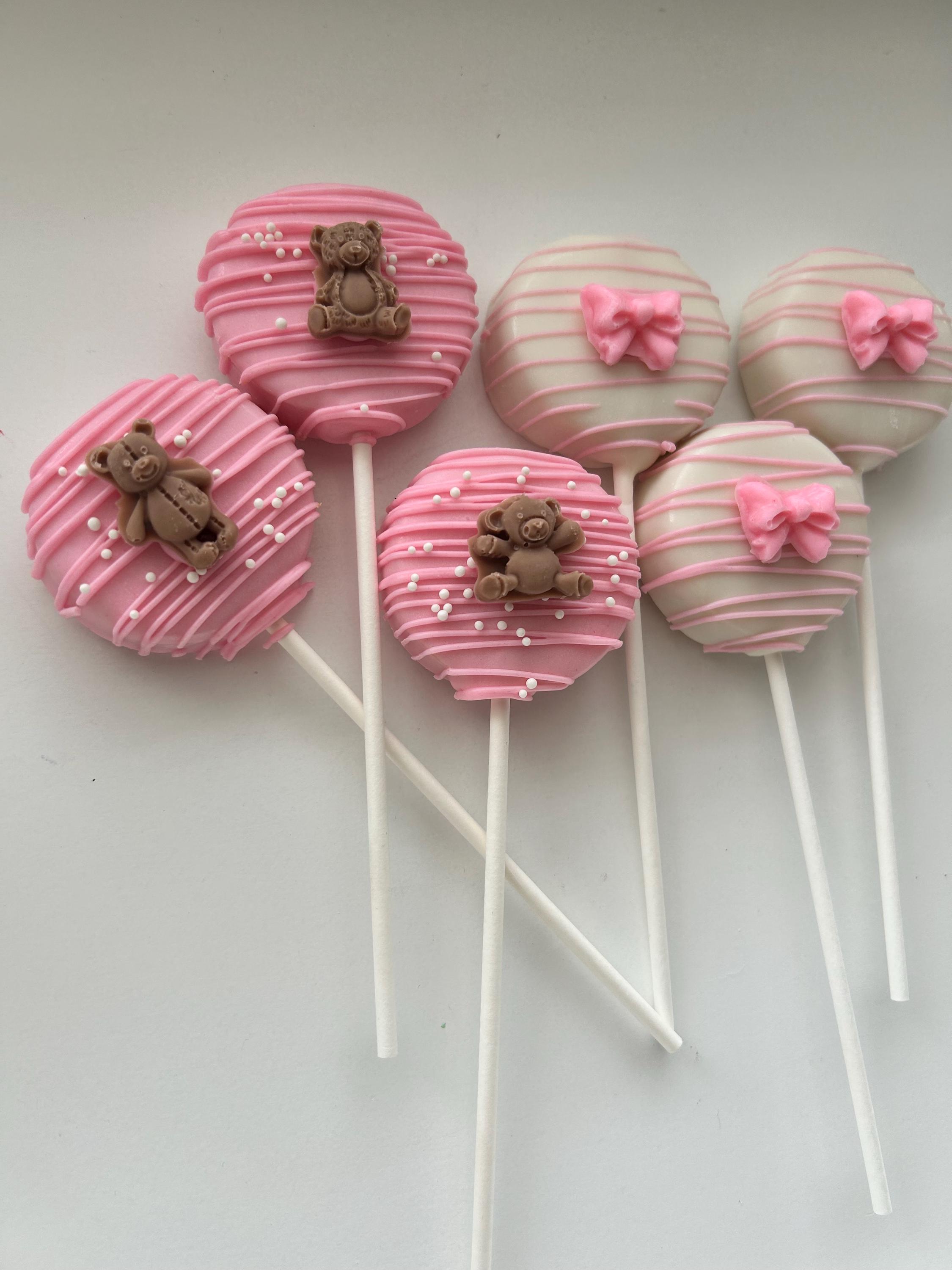 Handmade Pink Sprinkle Teddy Bear Bow Cake Pops, Baby Shower Treats (12 ...