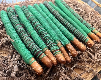 Green Hand-Dipped Chocolate Covered Pretzels, Green Party Favors, Chocolate Dipped Pretzels Green, Boys Birthday Pretzels Green