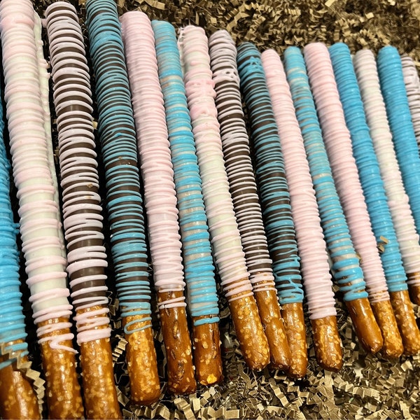 Blue and Pink Gender Reveal Pretzels, Hand-Dipped Chocolate Covered Pretzels Blue, Baby Blue Party Favors, Chocolate Dipped Pretzels Pink