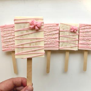 Pink and White Bow Baby Shower Rice Krispie Treats, Pink and White Bow Treats, Chocolate Covered Treats, Dessert Table, Baby Pink Desserts