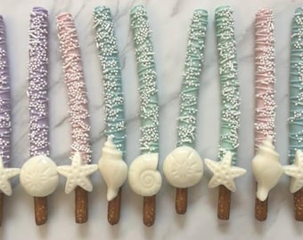 Under the Sea Pastel Themed Pretzel Party Favors, Seashell Dessert Chocolate Party Favors, Oneder the Sea Desserts, Mermaid Desserts