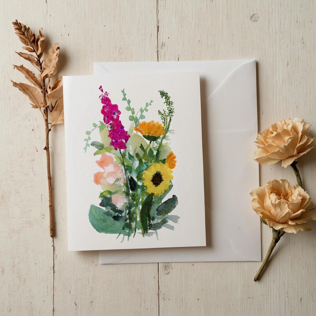 Wildflowers Bouquet Note Card Set Blank Floral Stationery Wildflower ...