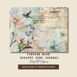 Vintage Ephemera Junk Journal Ledger-pagina's, gelaagd vintage Bird Junk Journal-papier, plakboek afdrukbare digitale papers, scrappy distressed