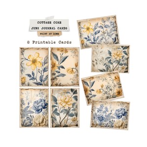 Cottage Core Junk Journal Ephemera-Postkarten, Vintage-Blumen-Scrapbook-Karten, druckbares Bastelzubehör, gelbes und blaues Blumenmuster, DIY