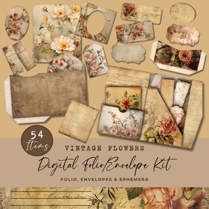 Impression numérique de journal indésirable, journal rose anglais vintage, kit enveloppe folio, lot d'éphémères floraux vintage vieilli, fournitures d'artisanat bricolage