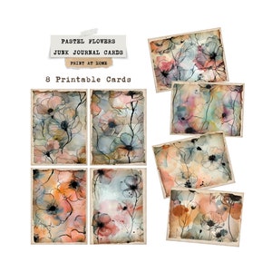 Florale Junk-Journal-Karten mit Alkoholtinte, Scrapbook-Ephemera-Postkarten, Pastell-Aquarell-Blumenkarten, druckbares Bastelzubehör, Line-Art-DIY