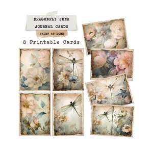 Vintage Dragonfly Floral Junk Journal-kaarten, Scrapbook Ephemera-ansichtkaarten, Pastel aquarel Dragonfly Floral-kaarten, afdrukbare ambachten DIY
