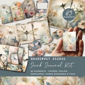 Dragonfly Junk Journal afdrukbare Kit, Vintage Dragonfly Floral Junk Journal Mega bundel digitale afdruk, aquarel pastel, DIY schetsboek
