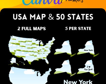 May include: A digital illustration of a map of the United States with a green and blue color scheme. The map is divided into 50 states, each with a unique design. The text "USA MAP & 50 STATES" is displayed at the top of the image. The text "2 FULL MAPS" is displayed below the map. The text "5 PER STATE" is displayed on the right side of the image. The text "New York" is displayed below the map of New York.