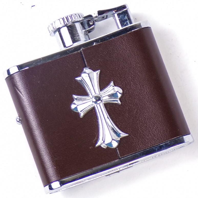 Leather Bound Cross-embossed Polished Chrome Refillable Mini