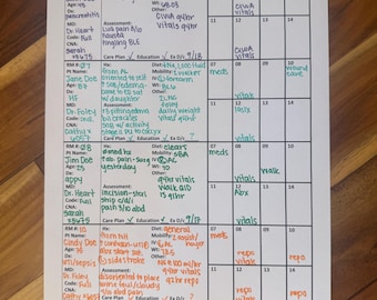 May include: A handwritten chart with a grid of boxes, each containing information about a patient's care plan. The chart includes patient names, room numbers, diagnoses, medications, and vital signs. The chart is organized by date and time.