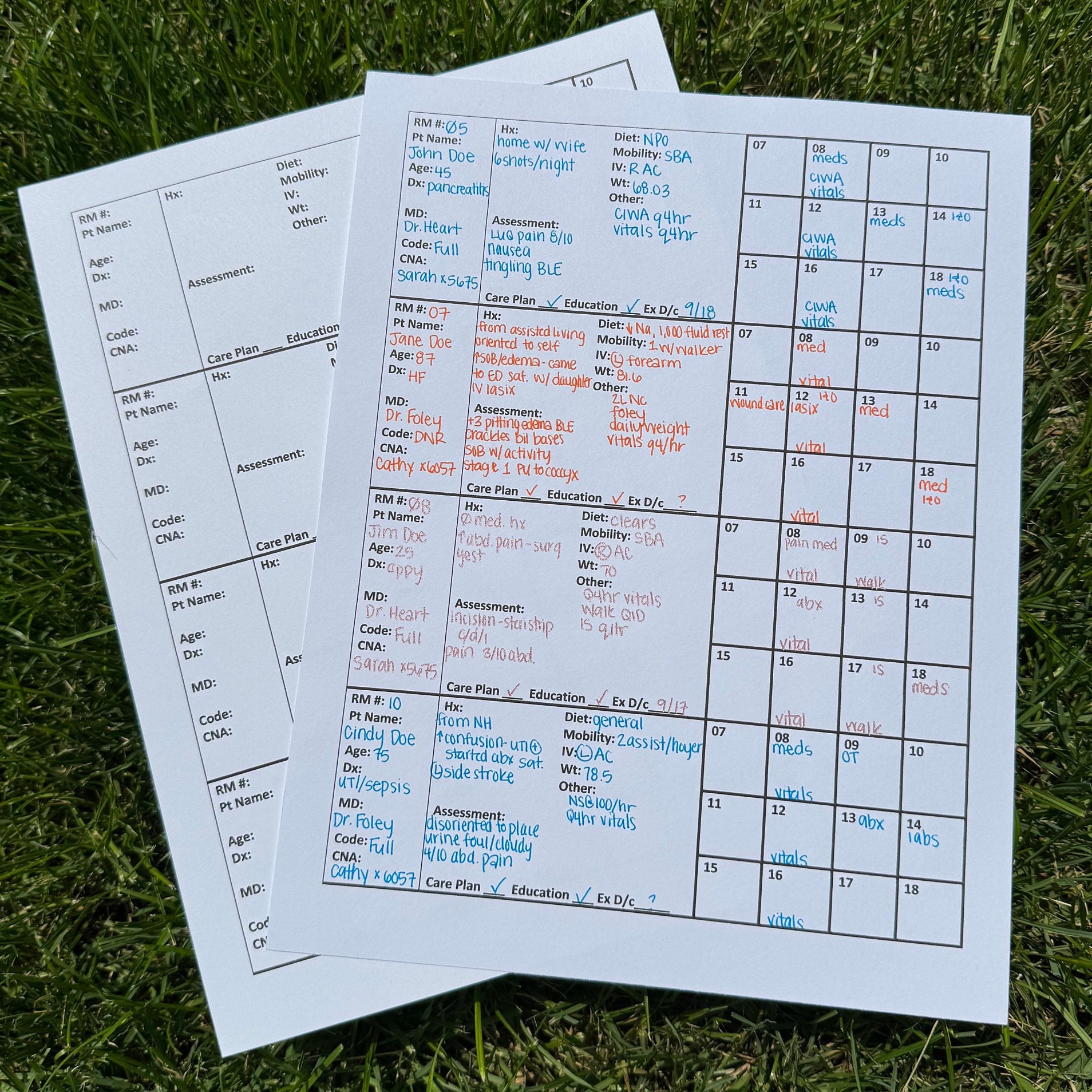 4 patient medical surgical nurse report sheet. Med-surg nurse brain sheet with timeline. 4 patient RN/ nursing student handoff report sheet.