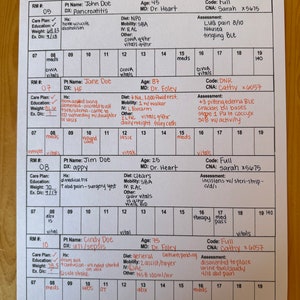 4 patient medical surgical nurse report sheet. Med surg nurse brain sheet. Four patient organizer. Registered nurse patient SBAR handoff.