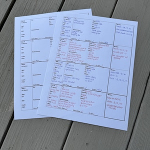 May include: A close-up of a white sheet of paper with handwritten notes and information about patient care. The notes include patient names, ages, diagnoses, medications, and care plans. The paper is divided into sections for assessment, education, and care plan.