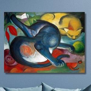 Two cats, blue and yellow (1912)  by Franz Marc Canvas Print Art,Franz Marc Wall Art,Franz Marc Artwork,Modern Canvas Art,Colorful Art Print