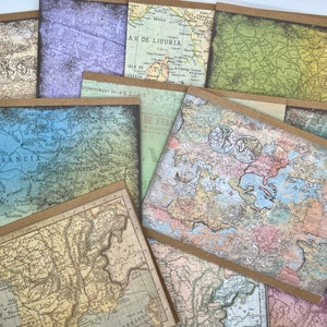 May include: A set of vintage-style map paper with brown edges. The maps are printed with faded colors and show different regions of the world. The maps are printed with text in French, Spanish, and English.