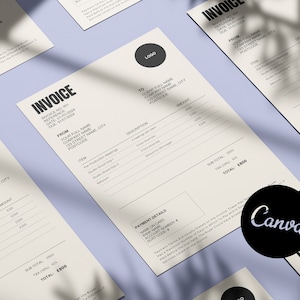 May include: A black and white invoice template with the text "Invoice" at the top. The invoice includes sections for "To", "From", "Description", "Amount", "Payment Details", and "Subtotal", "Tax", and "Total".
