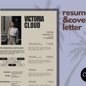 Puede incluir: Una plantilla de curr&iacute;culum vitae de color beige y blanco con una foto de una mujer en la esquina superior izquierda. El curr&iacute;culum vitae es para Victoria Cloud, fot&oacute;grafa y retocadora. El curr&iacute;culum vitae enumera su experiencia laboral, premios y referencias. El texto "curr&iacute;culum vitae & carta de presentaci&oacute;n" est&aacute; en color marr&oacute;n en la esquina superior derecha de la p&aacute;gina.