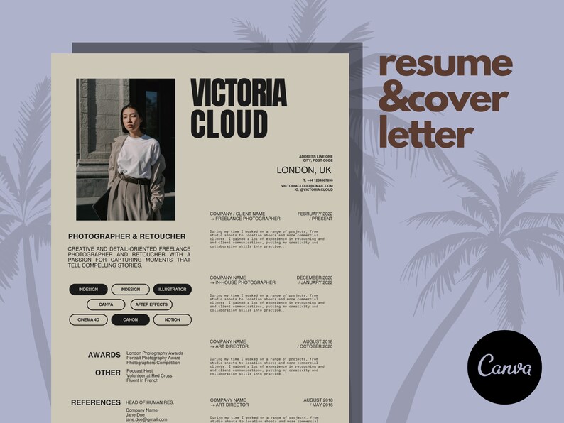 Puede incluir: Una plantilla de curr&iacute;culum vitae de color beige y blanco con una foto de una mujer en la esquina superior izquierda. El curr&iacute;culum vitae es para Victoria Cloud, fot&oacute;grafa y retocadora. El curr&iacute;culum vitae enumera su experiencia laboral, premios y referencias. El texto "curr&iacute;culum vitae & carta de presentaci&oacute;n" est&aacute; en color marr&oacute;n en la esquina superior derecha de la p&aacute;gina.