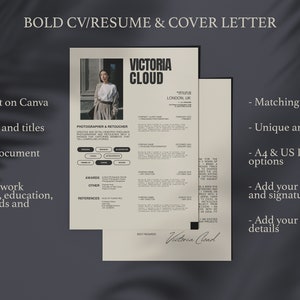 Puede incluir: Una plantilla de curr&iacute;culum beige y negro con el texto "VICTORIA CLOUD" en letras negras en negrita. La plantilla incluye una foto de una mujer, una secci&oacute;n para la experiencia laboral, premios y referencias. El texto "F&aacute;cil de editar en Canva" est&aacute; escrito en negro sobre un fondo blanco.