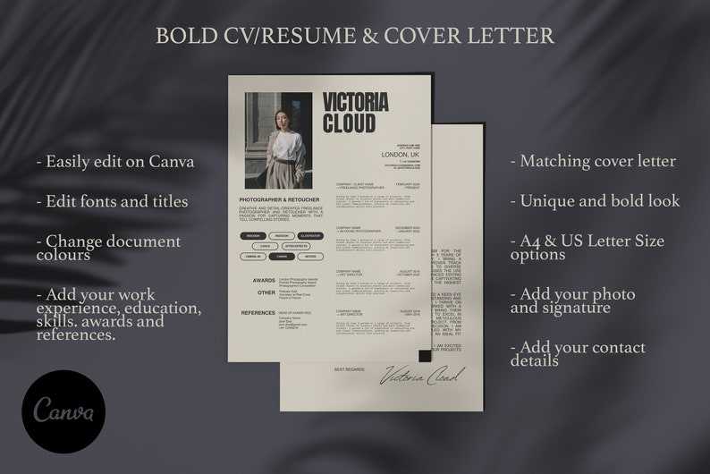 Puede incluir: Una plantilla de curr&iacute;culum beige y negro con el texto "VICTORIA CLOUD" en letras negras en negrita. La plantilla incluye una foto de una mujer, una secci&oacute;n para la experiencia laboral, premios y referencias. El texto "F&aacute;cil de editar en Canva" est&aacute; escrito en negro sobre un fondo blanco.