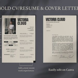 Puede incluir: Una plantilla minimalista de curr&iacute;culum y carta de presentaci&oacute;n dise&ntilde;ada para Canva. La plantilla presenta un esquema de color blanco y negro con un dise&ntilde;o moderno y limpio. El curr&iacute;culum incluye secciones para informaci&oacute;n personal, habilidades, experiencia laboral, premios y referencias. La carta de presentaci&oacute;n incluye un espacio para un mensaje personalizado y una firma.