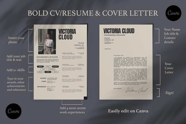 Puede incluir: Una plantilla minimalista de curr&iacute;culum y carta de presentaci&oacute;n dise&ntilde;ada para Canva. La plantilla presenta un esquema de color blanco y negro con un dise&ntilde;o moderno y limpio. El curr&iacute;culum incluye secciones para informaci&oacute;n personal, habilidades, experiencia laboral, premios y referencias. La carta de presentaci&oacute;n incluye un espacio para un mensaje personalizado y una firma.