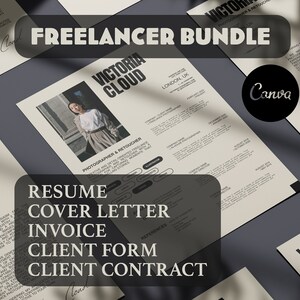 May include: A freelancer bundle with a resume, cover letter, invoice, client form, and client contract. The bundle is designed for photographers and retouchers. The text "FREELANCER BUNDLE" is in large, bold letters at the top of the image.
