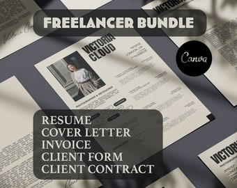 ¡Paquete de autónomos! Currículum vitae/CV con foto, carta de presentación, factura, formularios de cliente y contratos de cliente, editar y personalizar en Canva 2024