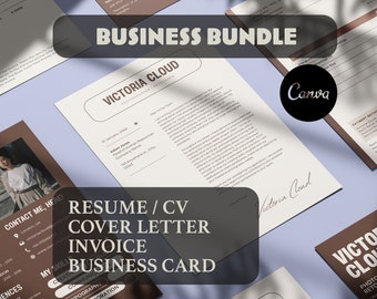 Bold & Professional Business Bundle - Resume/CV with photo, Cover Letter, Invoice, Business Card Template, Editable on Canva, Template 2024