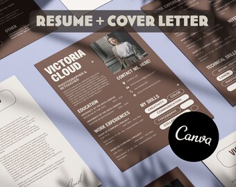 Plantilla de currículum moderno con foto, fácilmente editable en Canva, plantilla de currículum vitae/CV y carta de presentación de 1-2 páginas, plantilla de CV 2024