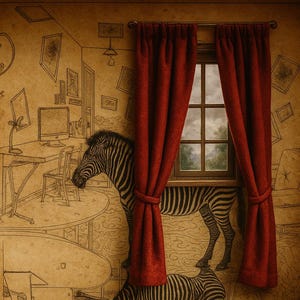 Puede incluir: Una representación artística de una habitación con un patrón de cebra. Las paredes presentan bocetos de muebles y decoración. Cortinas rojas enmarcan una ventana con vistas a un cielo nublado. El patrón de cebra está en la pared y parece ser parte del diseño de la habitación.
