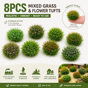 May include: Eight pieces of mixed grass and flower tufts in various shades of green with pink, yellow, orange, and purple floral accents. Each tuft measures approximately 3 x 3 x 1.5 cm. The text reads 8PCS MIXED GRASS & FLOWER TUFTS.