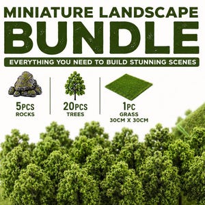 May include: A miniature landscape bundle containing 5 grey rocks, 20 green model trees, and one 30cm x 30cm green grass mat. The text reads Miniature Landscape Bundle, Everything You Need To Build Stunning Scenes, 5pcs Rocks, 20pcs Trees, 1pc Grass.