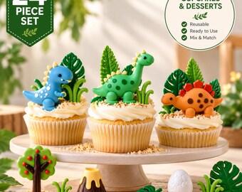 24 Piece Dinosaur Cupcake Topper Set | Dinosaur Birthday Decorations | Jurassic Party Cake Decor | Wild One Birthday