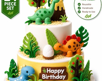 May include: A 24-piece dinosaur-themed cake topper set featuring a green long-necked dinosaur, an orange stegosaurus, and a blue dinosaur. The set includes a brown Happy Birthday sign, a volcano, trees, leaves, and a white egg on a cake.