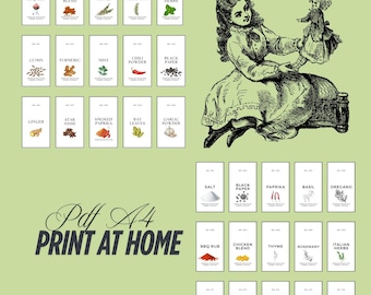 Etichette per spezie in miniatura per case delle bambole: stampe floreali vittoriane (download PDF A4)