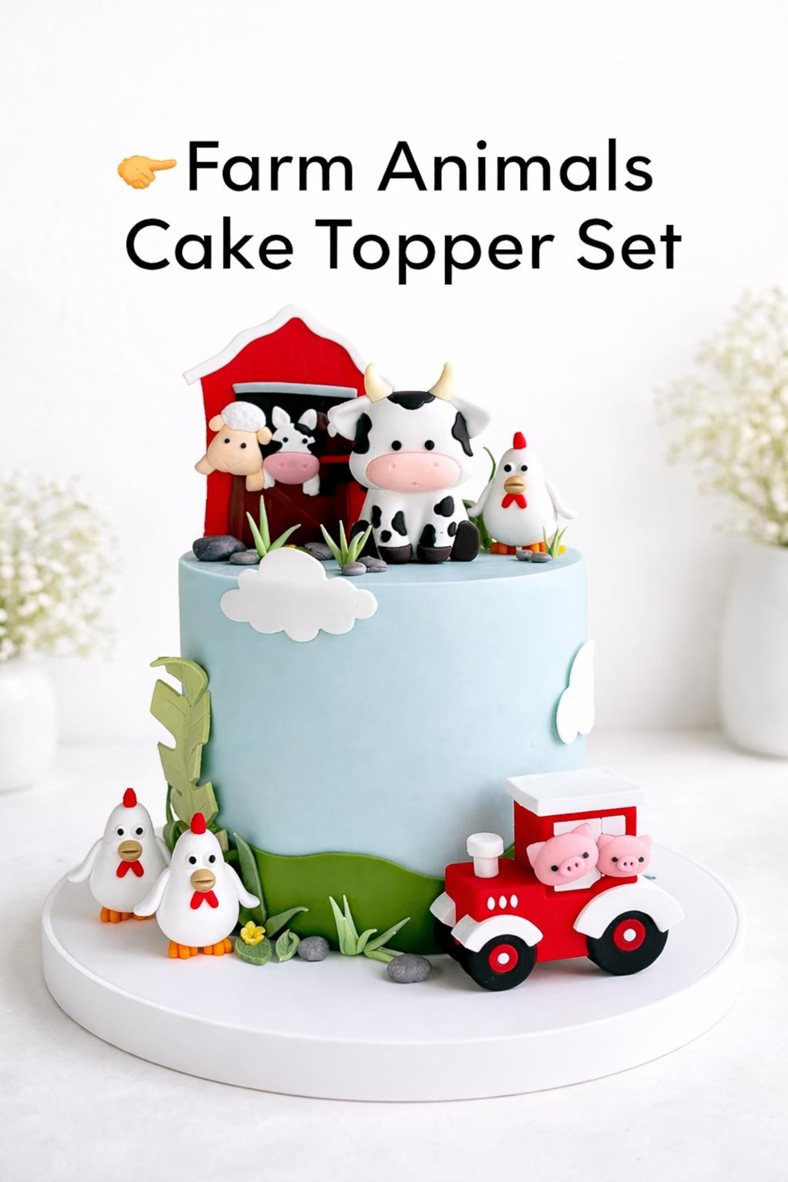 Farm Cake Topper Set 6pcs Cow Barn Tractor Chick Decorations Farmyard ...