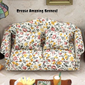 Mini Puppenhaus Möbel für Wohnzimmer Zubehör geblümten Blumenmuster Design perfekt Maßstab 1:12 zweiteilige Sitzgarnitur für alle Puppen Zuhause