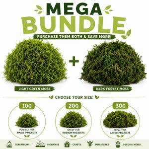 Puede incluir: Imagen de un mega paquete de musgo, con opciones de musgo verde claro y bosque oscuro. El texto dice "MEGA BUNDLE" y "¡COMPRA AMBOS Y AHORRA MÁS!". Los tamaños incluyen 10g, 20g y 30g, adecuados para terrarios y manualidades.
