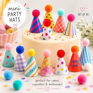 May include: A set of 30 mini party hats in various colours and patterns, including stripes, polka dots, plaid, and ice cream prints. Each cone-shaped hat is topped with a fuzzy pom-pom. The text reads mini PARTY HATS, SET OF 30, YAY!, and party time!