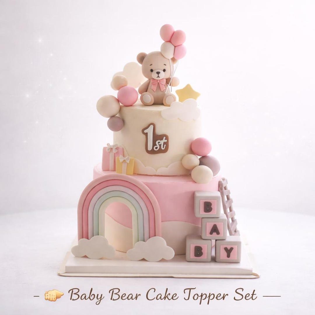 Pastel Teddy Bear Cake Topper Set 1st Birthday Cake Decorations Baby ...