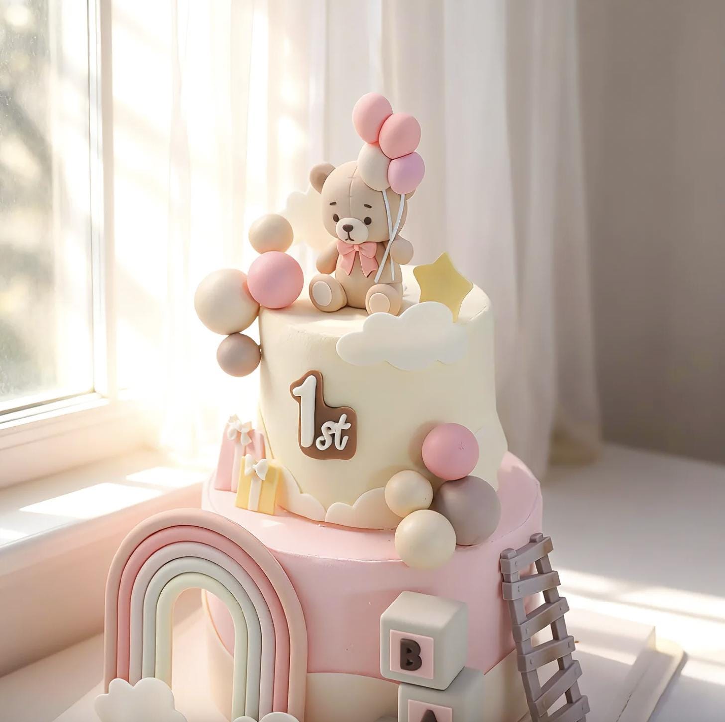 Pink Pastel Teddy Bear Cake Topper 16pc Set 1st Birthday Cake ...