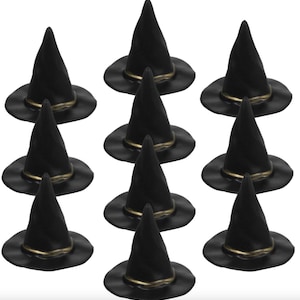 May include: Ten black witch hats with gold trim. The hats are pointy and have a wide brim. They are ideal for Halloween decorations.